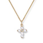 Gullsmykke kors FVP Perle og zirkonia i 14K gult gull - 27495