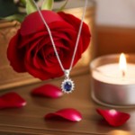 Diamantsmykke Rosett med 0,14ct WSI og safir i hvitt gull 14 kt - 27224