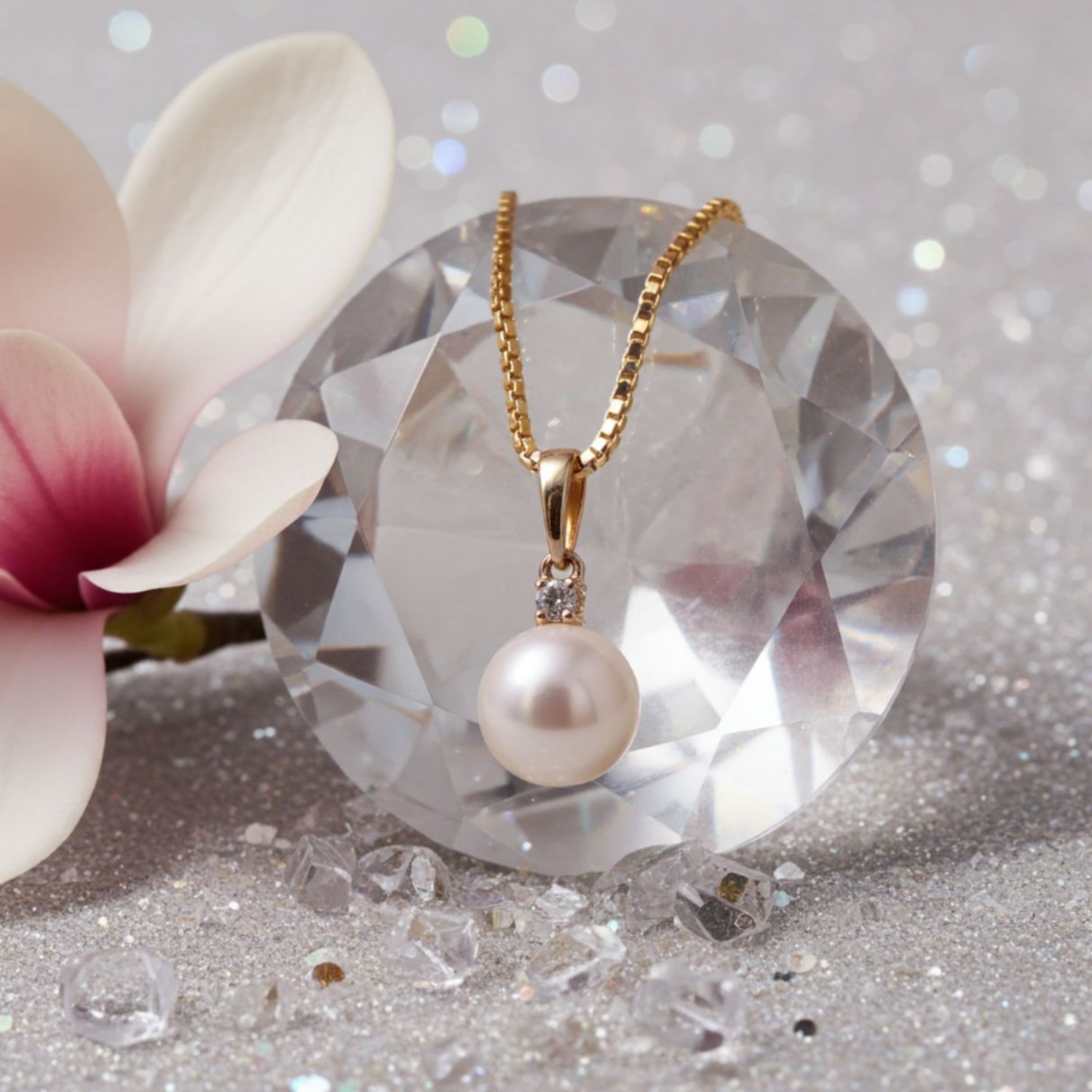 Diamantsmykke i 14kt gull med perle og diamant 0,35ct W-Si - coc4000147