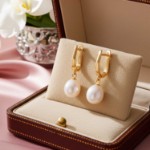 Øreringer 14K gult gull med oval FVP oval perle 7,5-8 mm - 47628