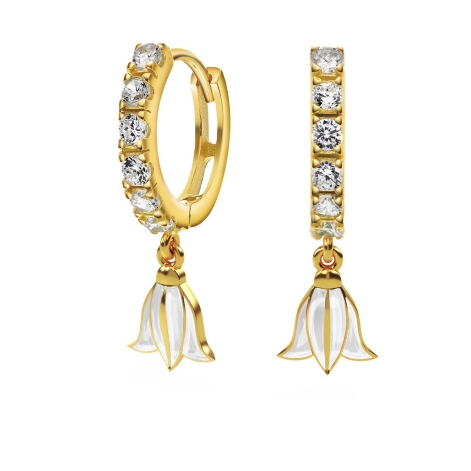 Kreoler i forgylt sølv med cirkonia og hvit blåklokke LIV - 701203