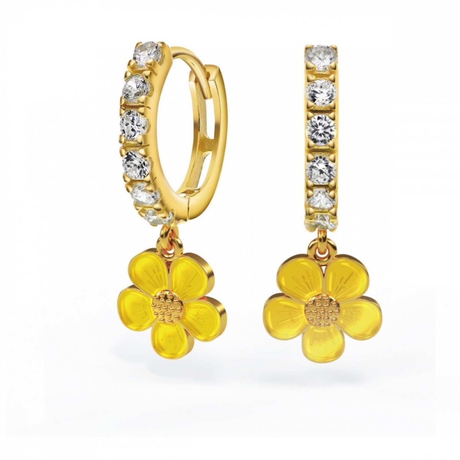 Kreoler i forgylt sølv med cirkonia og smørblomst. LIV - 701509