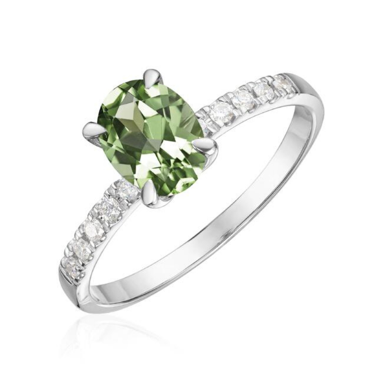 Gullring Olivia i hvitt gull med oval midtstein grønn turmalin og 0,12ct W-Si sidesteiner - 57457